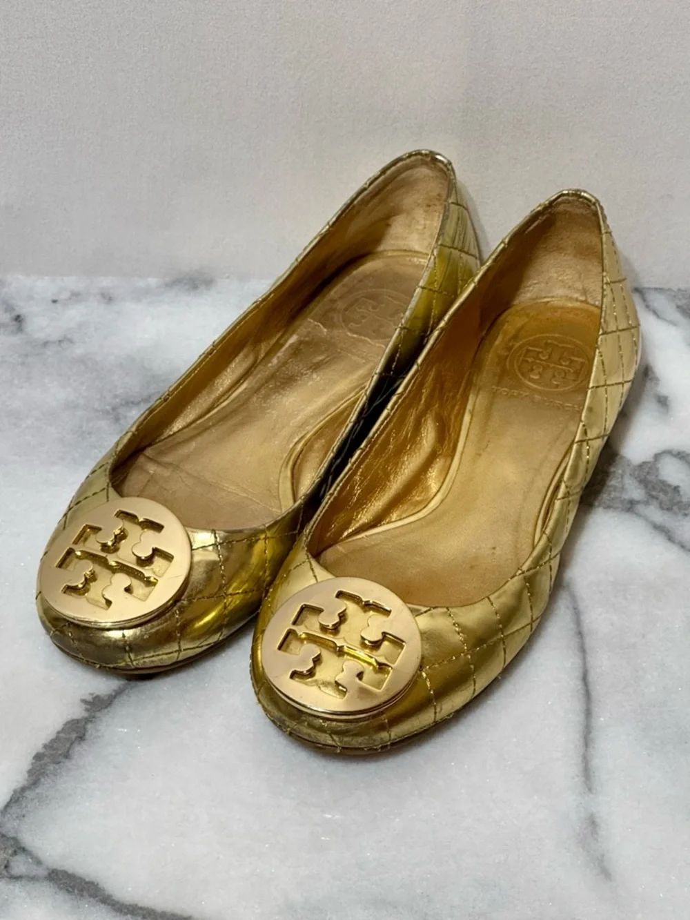 Tory Burch Quinn Metallic Gold Quilted Logo Slip-On Ballet Flats